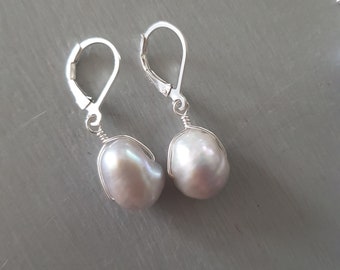 Grey Baroque Freshwater pearl earrings Sterling Silver large grey pearl drop earrings Real Baroque Pearl Jewellery Pearl anniversary gift