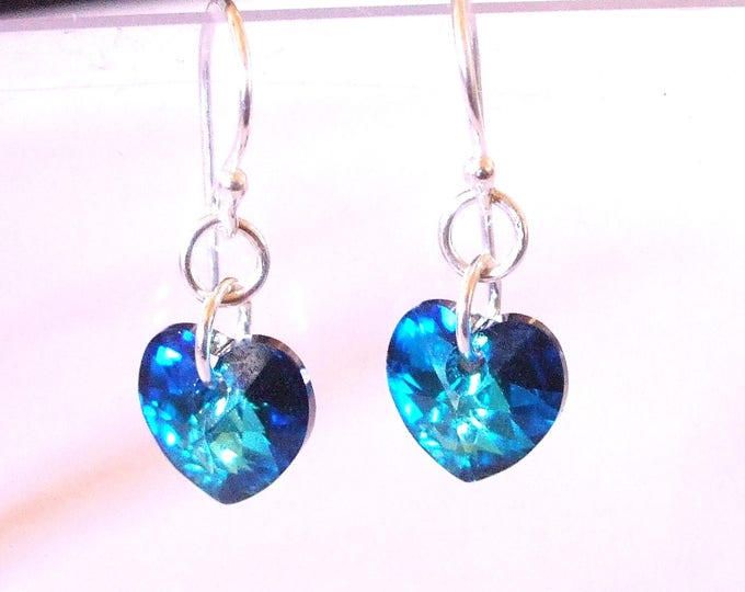 Peacock Blue crystal heart earrings Sterling Silver or Gold Fill studs small Bermuda Blue Swarovski Crystal heart jewellery gift for girl