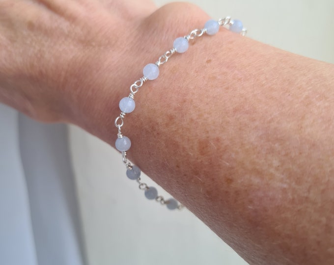 Sterling Silver AQUAMARINE Bracelet tiny 4mm blue gemstone Bead Bracelet wire wrapped Aquamarine March Birthstone jewellery gift healing