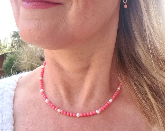 Tiny pink Coral and Freshwater Pearl necklace choker Sterling Silver or Gold Fill 4mm pink gemstone bead necklace Honeymoon jewellery gift