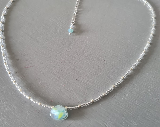 Tiny Murano glass bead necklace choker Small green glass and Silver seed bead necklace simple dainty Necklace handmade beaded jewellery gift