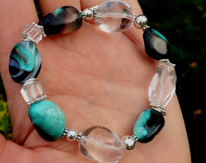 Green Agate and clear Quartz stretch bracelet - Sterling Silver