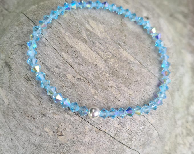 Tiny Aqua Blue crystal stretch bracelet Sterling Silver or Gold Fill 4mm Aquamarine AB crystal bead bracelet March Birthstone jewellery gift