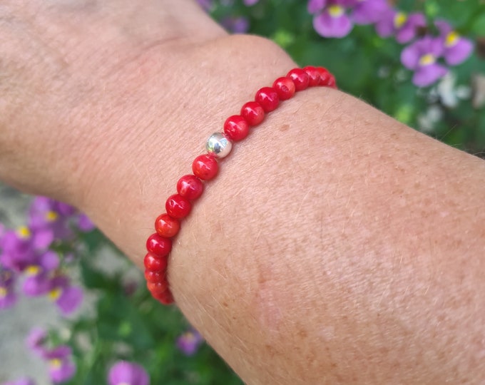 Red Coral stretch Bracelet Sterling Silver or Gold bead tiny 4mm dyed red Coral gemstone bead Bracelet Chakra beaded jewellery gift healing