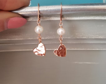 24K Rose Gold Vermeil hammered heart and real Freshwater pearl drop earrings Rose Gold Fill heart earrings jewellery gift for her in giftbox