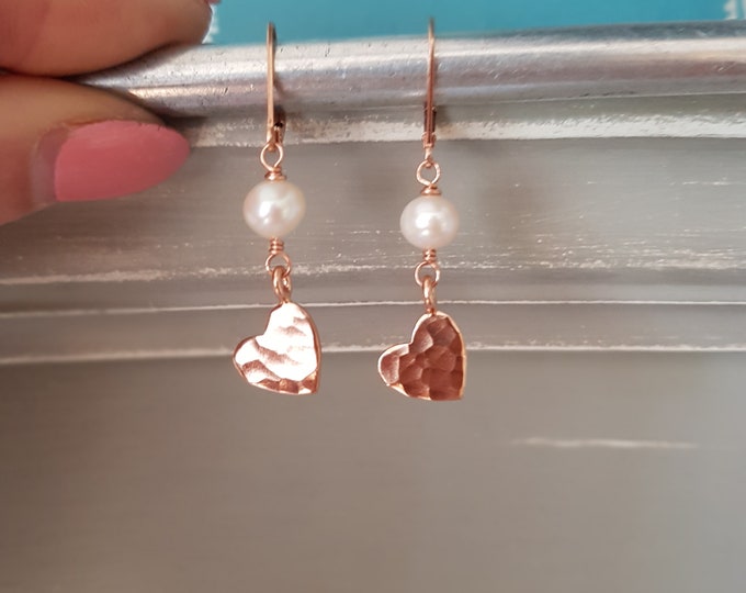 24K Rose Gold Vermeil hammered heart and real Freshwater pearl drop earrings Rose Gold Fill heart earrings jewellery gift for her in giftbox
