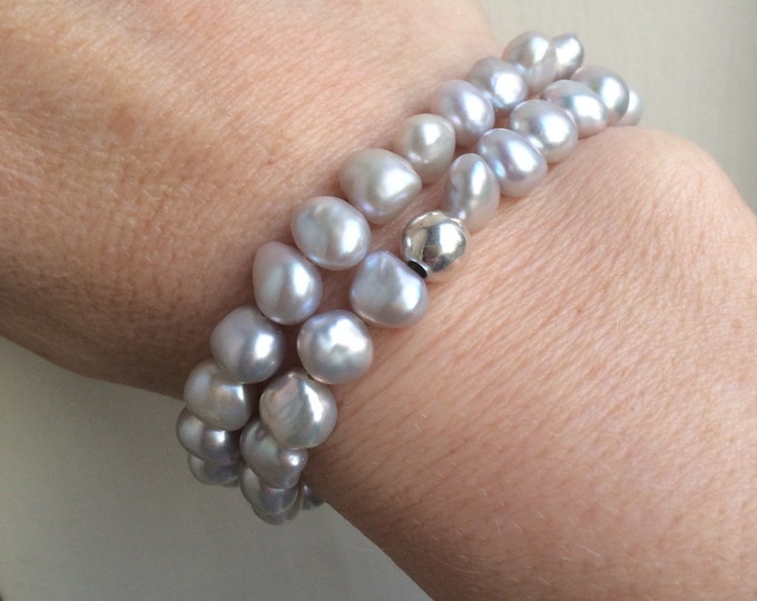 Grey Baroque Freshwater Pearl bracelet double wrap stretch bracelet Sterling Silver - real Pearl jewellery gift mum