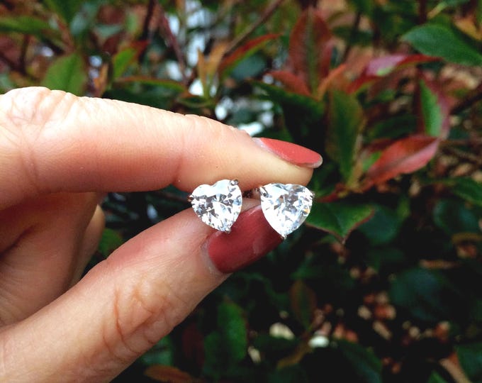 Cubic Zircon diamond heart stud earrings small CZ diamond heart earrings Valentine studs Wedding anniversary April Birthstone jewellery gift