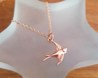 24K Rose Gold Vermeil bird necklace choker Tiny Rose Gold swallow bird pendant dainty Rose Gold  jewellery gift for bird lovers mum nan girl