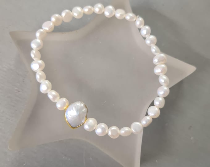 small Baroque Freshwater Pearl STRETCH Bracelet with a larger white Baroque pearl stacking bracelet bridal bracelet wedding jewellery gift