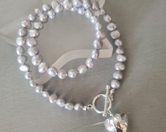 Grey Baroque Freshwater Pearl necklace Sterling Silver hammer heart toggle gray pearl necklace large grey pearl necklace Pearl jewelry gift