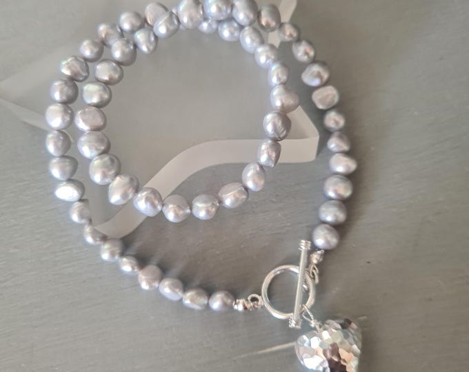 Grey Baroque Freshwater Pearl necklace Sterling Silver hammer heart toggle gray pearl necklace large grey pearl necklace Pearl jewelry gift