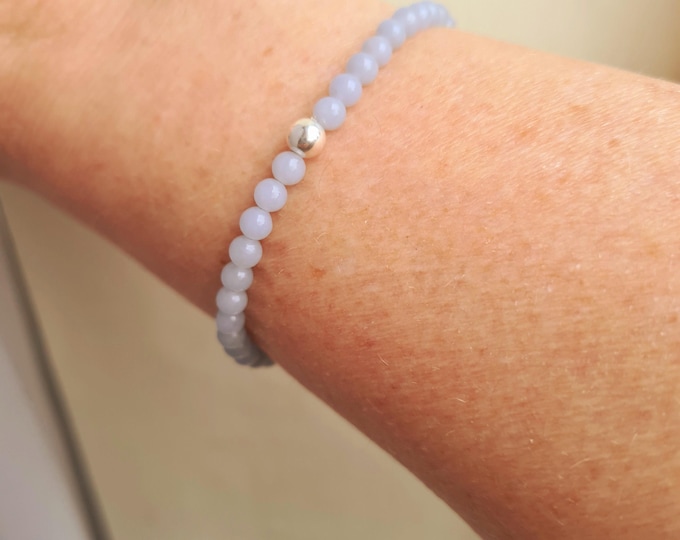 Tiny Blue ANGELITE STRETCH Bracelet Sterling Silver or Gold Fill 4mm light blue GEMSTONE bead Bracelet crown Chakra Healing jewellery gift