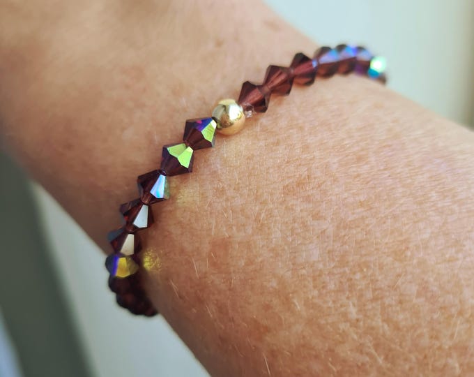 Burgundy Red AB crystal stretch bracelet with Sterling Silver or Gold Fill bead 5mm red AB crystal bracelet Arthritis jewellery gift for mum