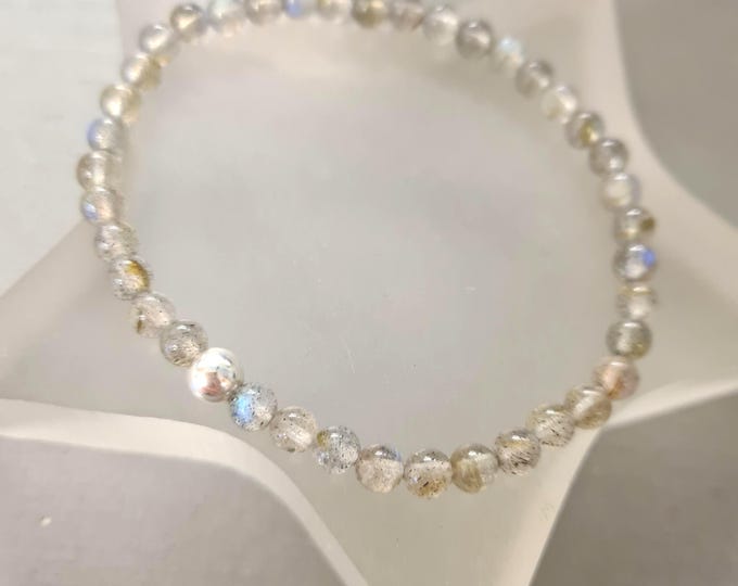 LABRADORITE stretch Bracelet Sterling Silver / Gold Fill beaded bracelet tiny 4mm grey gemstone Bead Bracelet Yoga Chakra jewellery Gift