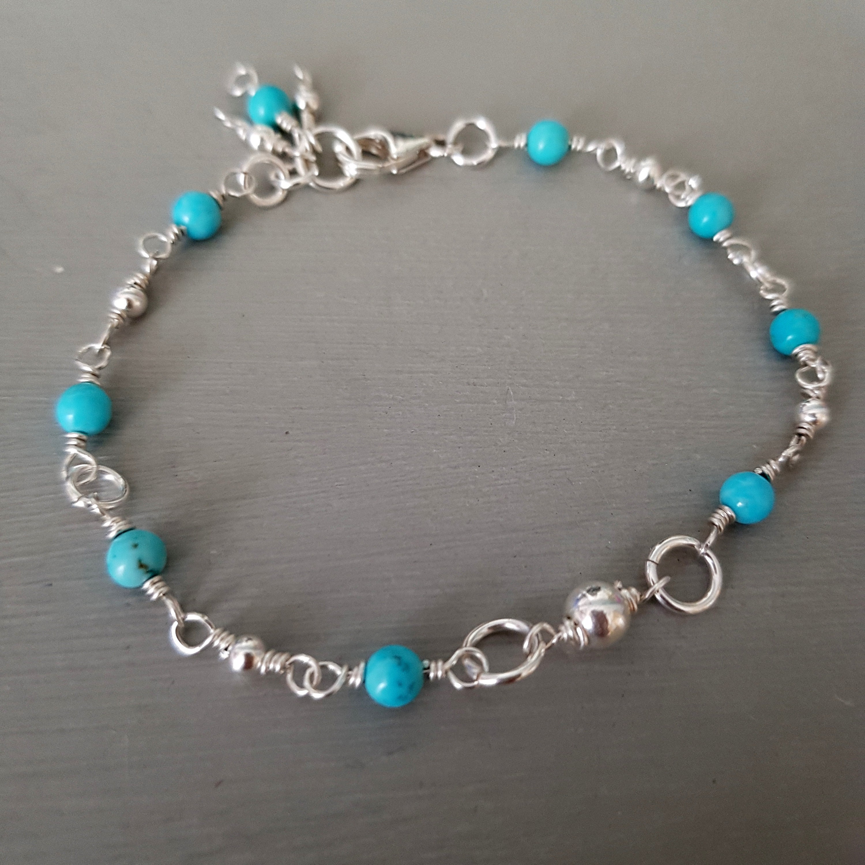 TURQUOISE BRACELET Sterling Silver wire wrapped tiny 4mm blue Turquoise ...