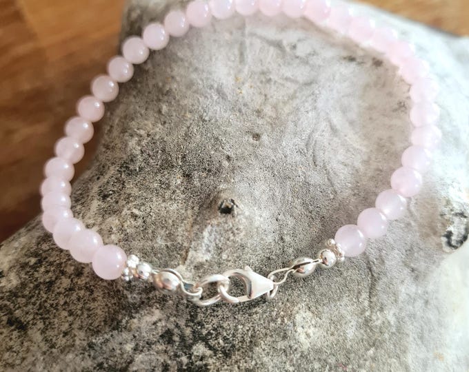 Tiny Rose Quartz Bracelet Sterling Silver or Gold Fill Small 4mm pink Rose Quartz GEMSTONE bead Bracelet - January Birthstone jewellery gift