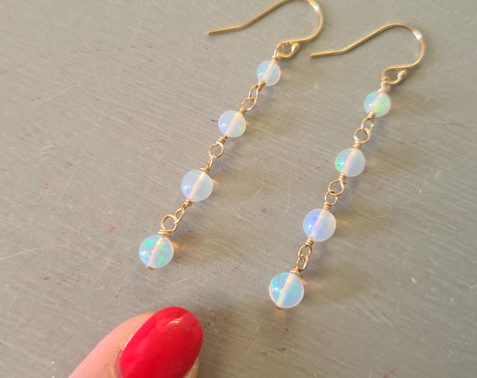 Tiny Ethiopian Opal drop earrings 14K Gold Fill or Sterling Silver - October birthstone jewellery gift