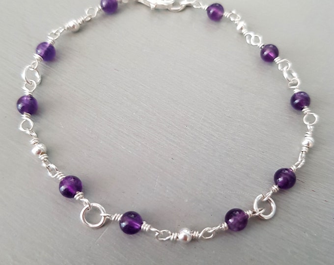 Tiny AMETHYST Bracelet Sterling Silver or Gold Fill 4mm purple gemstone Bead Bracelet 6th Anniversary February Birthstone jewellery gift