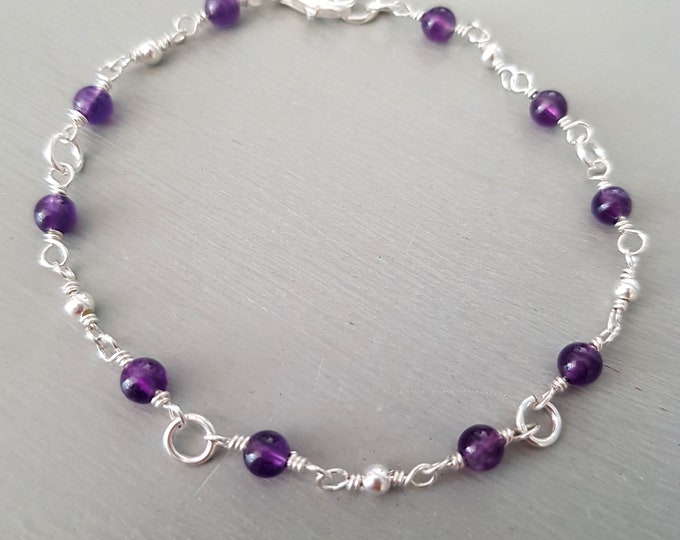 Tiny AMETHYST Bracelet Sterling Silver or Gold Fill 4mm purple gemstone Bead Bracelet beaded wire wrapped February Birthstone jewellery gift