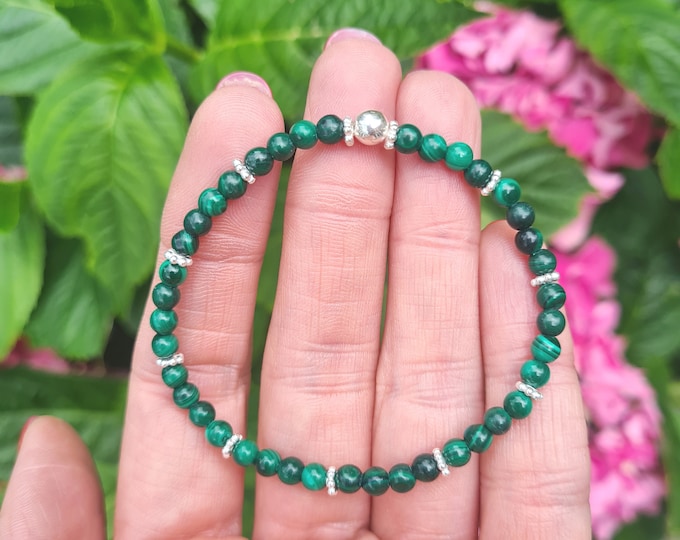 Malachite stretch Bracelet Sterling Silver 4mm tiny small green gemstone bead bracelet Malachite jewelry beaded Heart chakra jewellery gift