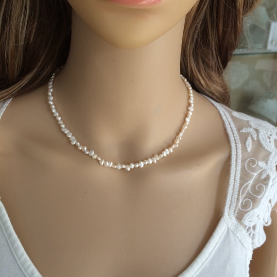 Tiny Freshwater Pearl Choker Necklace Sterling Silver or Gold Fill