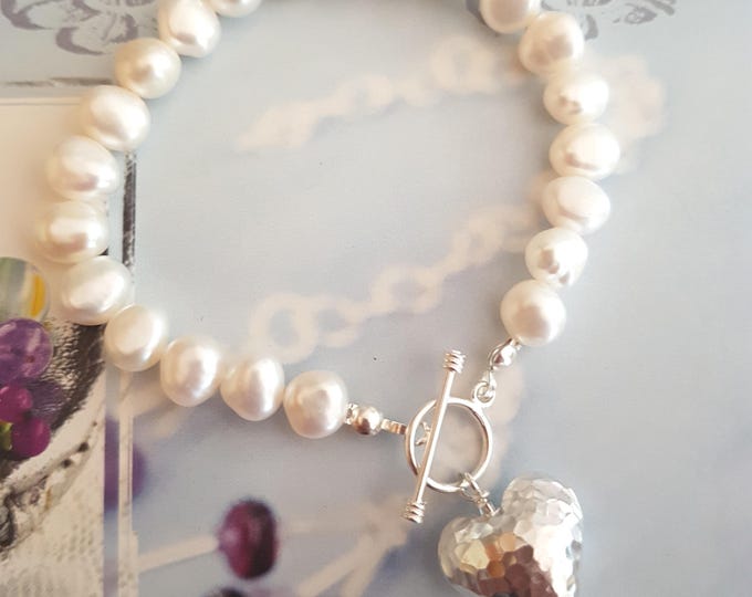 Baroque Freshwater Pearl bracelet Sterling Silver hammered heart white, grey or Peacock real 7mm pearl bracelet June Birthstone jewelry gift