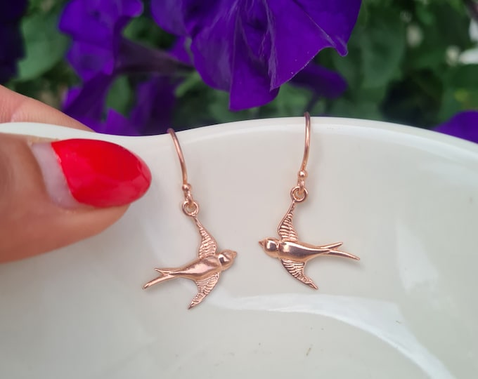 24K Rose Gold vermeil tiny bird earrings Rose Gold small swallow bird earrings Handmade Rose Gold jewellery gift for bird lover animal lover