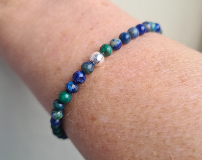 Chrysocolla Bracelet Sterling Silver or Gold Small blue green GEMSTONE bead stretch Bracelet 4mm tiny beaded Heart Chakra jewellery gift