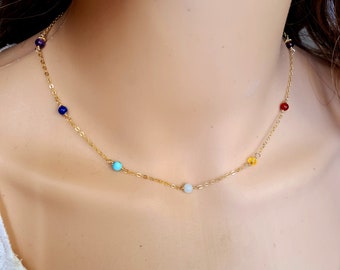 14K Gold Fill 7 chakra choker necklace tiny 4mm wire wrapped RAINBOW multi gemstone bead necklace 7 Chakra jewellery gift for her yoga lover