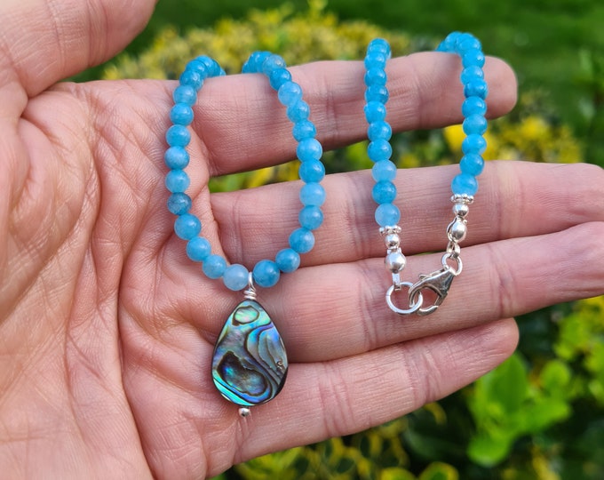 Blue Jade gemstone bead necklace with Abalone Sterling Silver tiny 4mm blue Jade & Abalone pendant choker jewellery gift for her women girl