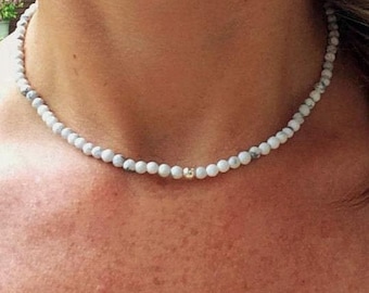 Tiny 4mm White Howlite beaded necklace choker with Sterling Silver or Gold Fill  accent bead - Third Eye Chakra necklace gift for her or him