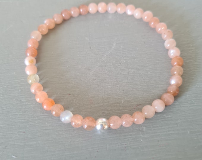 Peach Moonstone stretch Bracelet Sterling Silver or Gold Fill 4mm gemstone bead Bracelet small Beaded Bracelet Chakra healing jewellery gift