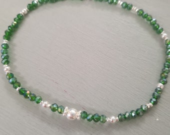 Tiny Emerald green crystal stretch bracelet Sterling Silver 3mm small green beaded bracelet  stacking bracelet jewellery May Birthstone gift