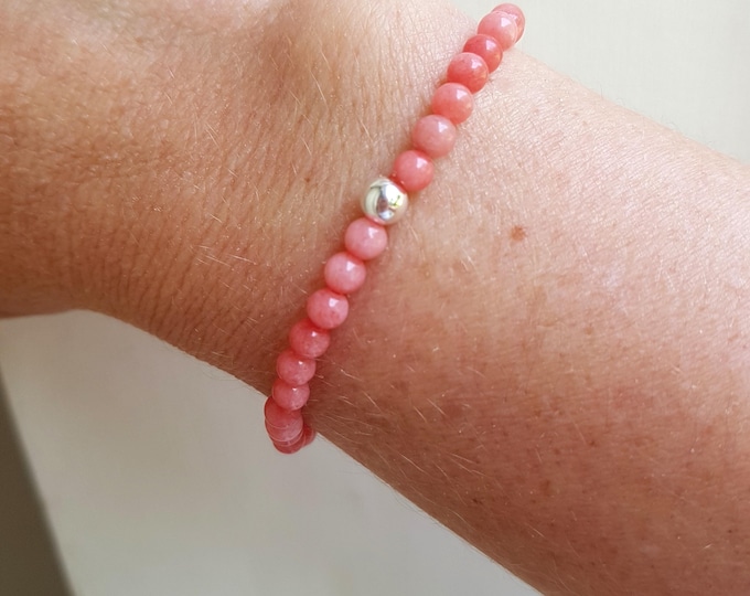 Tiny PINK JADE STRETCH Bracelet Sterling Silver Gold Fill 4mm pink gemstone bead Bracelet 4mm beaded Bracelet heart Chakra jewellery gift