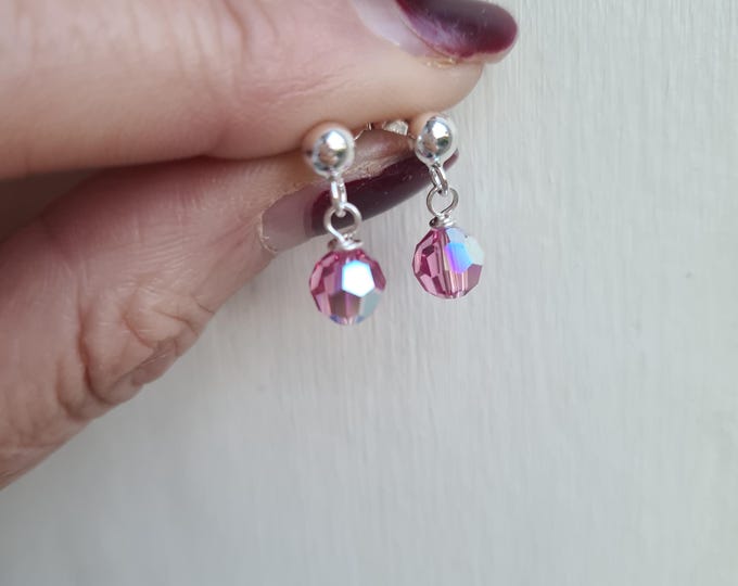 Tiny pink AB Swarovski crystal earrings Sterling Silver or Gold small sparkly Rose AB crystal drop earrings crystal jewellery gift for girl