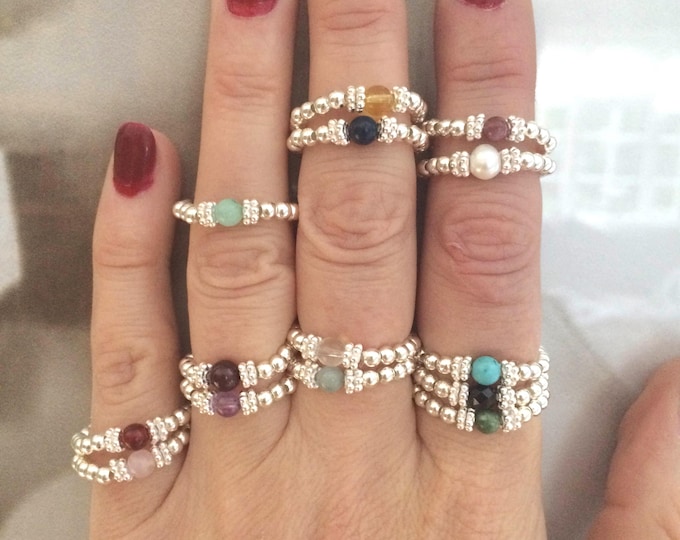 7 CHAKRA RING Sterling Silver stackable tiny gemstone ring beaded stretch ring stacking jewelry Yoga healing jewellery meditation gift girl