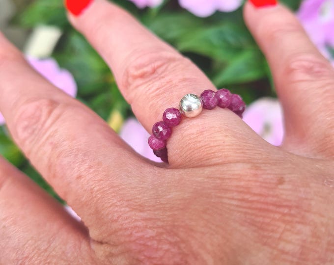 Red Ruby stretch ring Sterling Silver or Gold Fill real raw Ruby gemstone bead ring July Birthstone jewellery 40th wedding anniversary gift