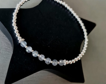 LABRADORITE stretch Bracelet Sterling Silver 4mm beaded grey Labradorite gemstone stretch Bracelet yoga Reiki CHAKRA healing jewellery gift
