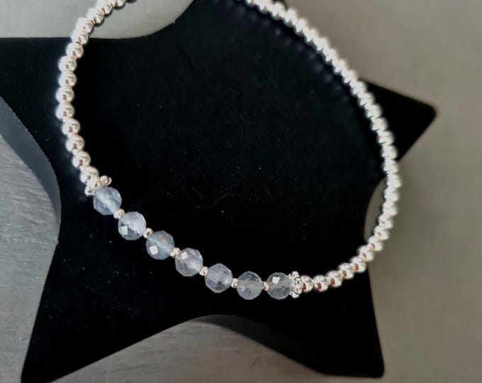 LABRADORITE stretch Bracelet Sterling Silver 4mm beaded grey Labradorite gemstone stretch Bracelet yoga Reiki CHAKRA healing jewellery gift