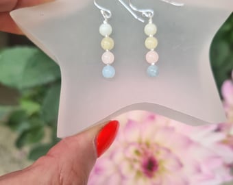 Tiny Morganite earrings Sterling Silver or Gold Fill 4mm blue pink pastel gemstone bead earrings beaded heart Chakra jewellery gift her girl