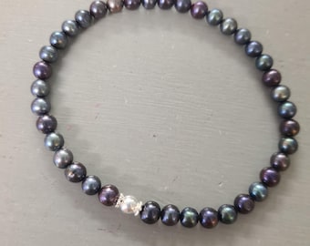 Peacock Freshwater Pearl stretch bracelet Sterling Silver Gold real 5mm blue black pearl bracelet June Birthstone jewellery gift anniversary