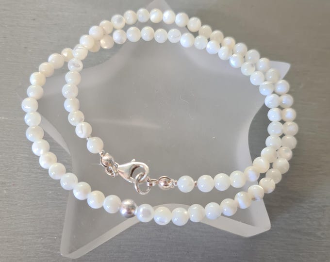 Mother of Pearl necklace choker with Sterling Silver or 14K Gold Fill bead tiny 4mm white gemstone bead necklace beaded MOP jewellery gift