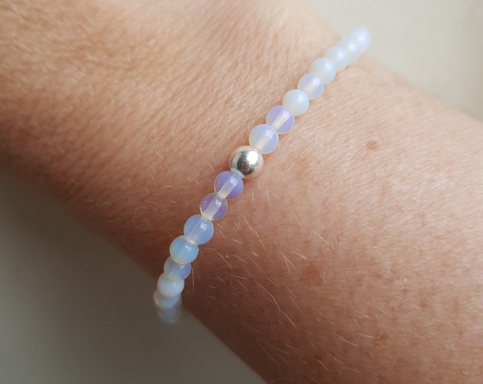 OPAL QUARTZ stretch Bracelet Sterling Silver tiny white gemstone bead Bracelet small Beaded Bracelet Opalite Chakra healing jewellery gift
