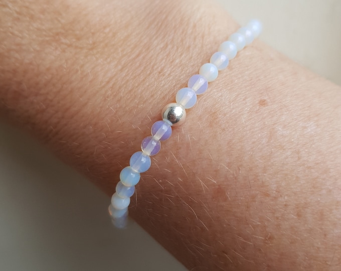 OPAL QUARTZ stretch Bracelet Sterling Silver tiny white gemstone bead Bracelet small Beaded Bracelet Opalite Chakra healing jewelry gift