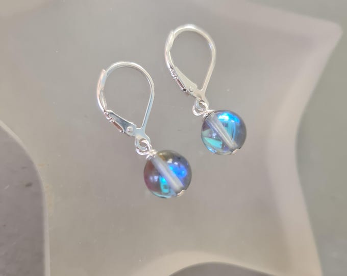 Grey Blue Mystic Quartz earrings Sterling Silver or 14K Gold Fill 8mm grey blue gemstone bead earrings Crown Chakra jewellery gift for her