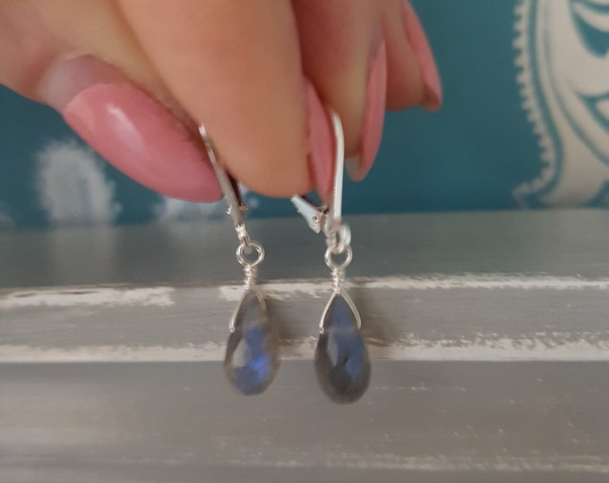 Tiny LABRADORITE earrings Sterling Silver or Gold  faceted small Labradorite teardrop gemstone earrings real  Labradorite jewellery gift