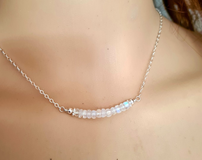 Tiny Moonstone necklace Sterling Silver choker real 4mm AA flashy Moonstone gemstone bead bar necklace June Birthstone jewellery Chakra gift