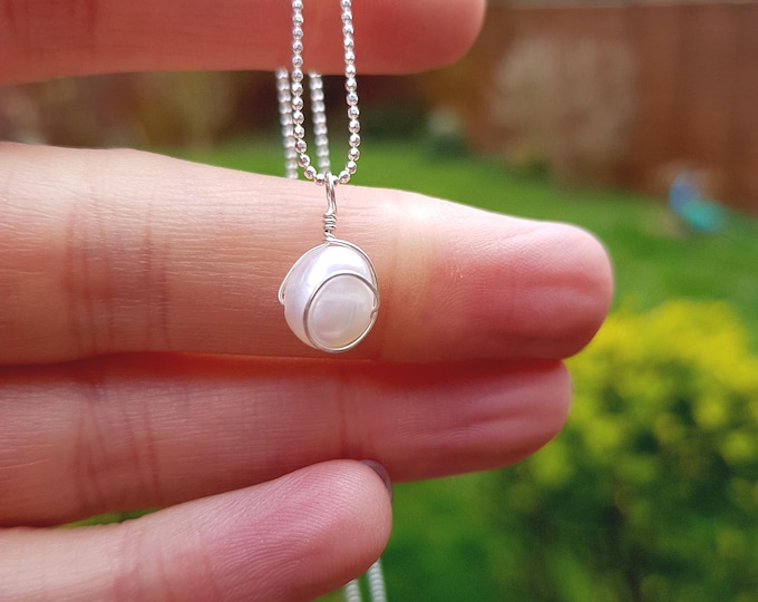 Baroque Freshwater Pearl necklace Sterling Silver wire wrapped white real pearl drop necklace - June Birthstone jewellery gift for mum