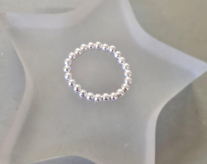 Silver Stretch Ring - 3mm Sterling Silver Beads Ring Elastic Ring, Silver Beaded Stretch Ring Silver stacking ring Stackable ring gift